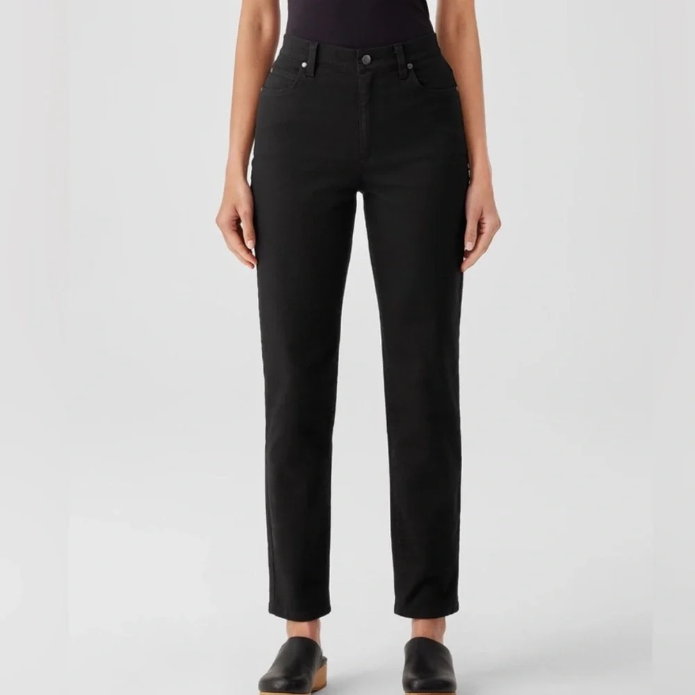 Eileen Fisher Large High Waist Slim Straight Jeans Organic Cotton Black Office